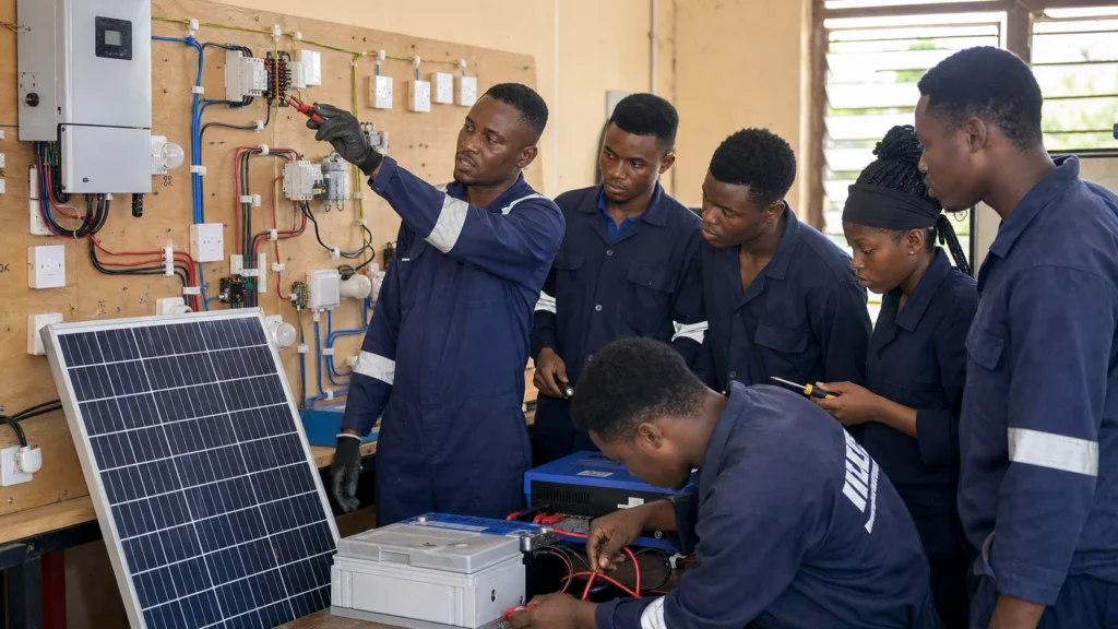 Young adults learning domestic electrical wiring and solar installation in a practical workshop