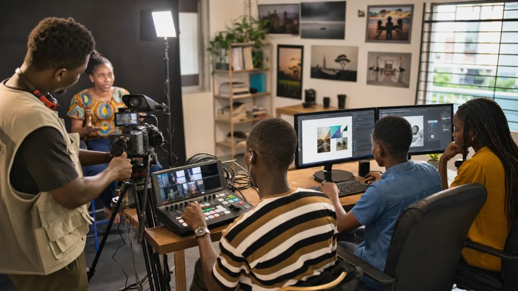 Young adults learning live-streaming, camera production, graphic design and photography
