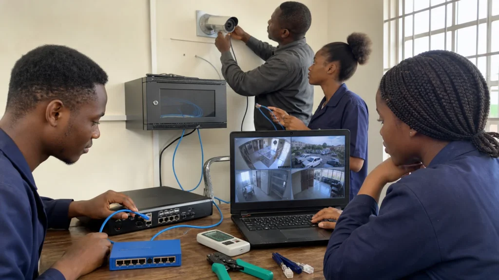 Young adults installing CCTV equipment and learning networking and surveillance technology